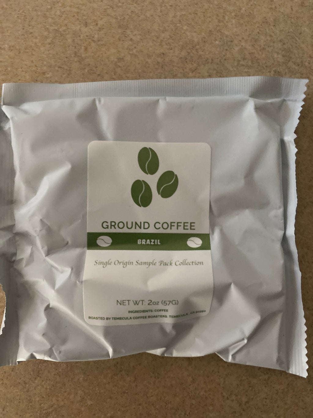 Single Origin Coffee Sample Pack with ground coffee from Brazil in a 2oz pack.