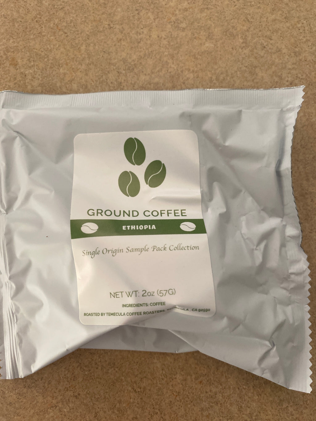 Single Origin Coffee Sample Pack featuring Ethiopian ground coffee in a 2oz package.