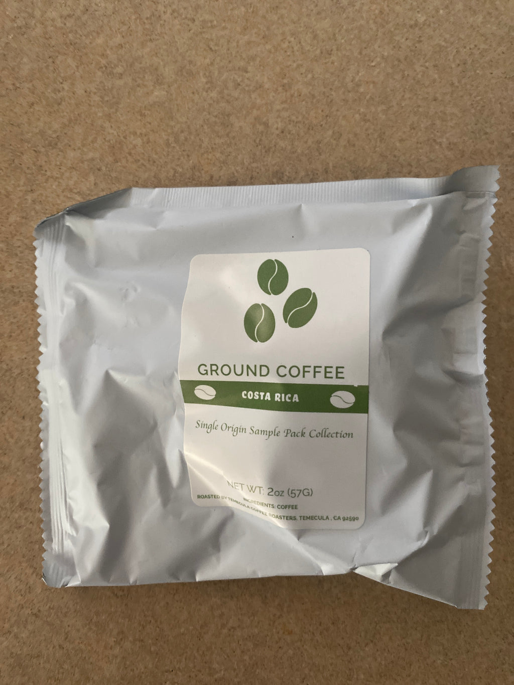 Single Origin Coffee Sample Pack featuring Ground Coffee from Costa Rica in a 2oz pack.