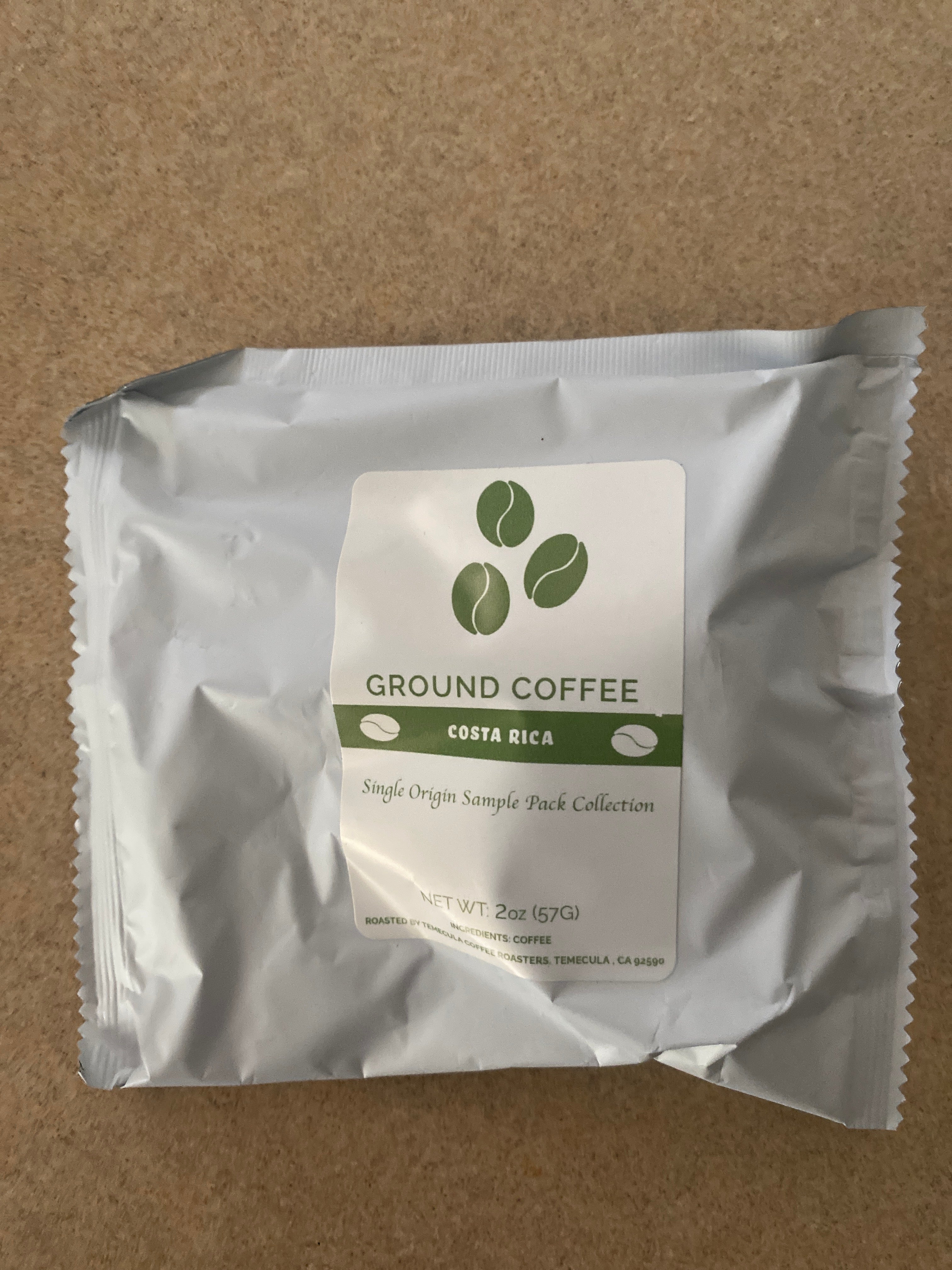 Single Origin Coffee Sample Pack featuring Ground Coffee from Costa Rica in a 2oz pack.